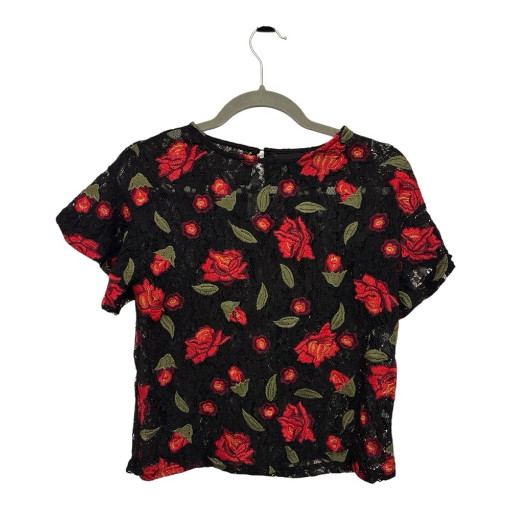 Who What Wear Black Lace Red Rose Floral Short Sleeve Blouse Romantic XS